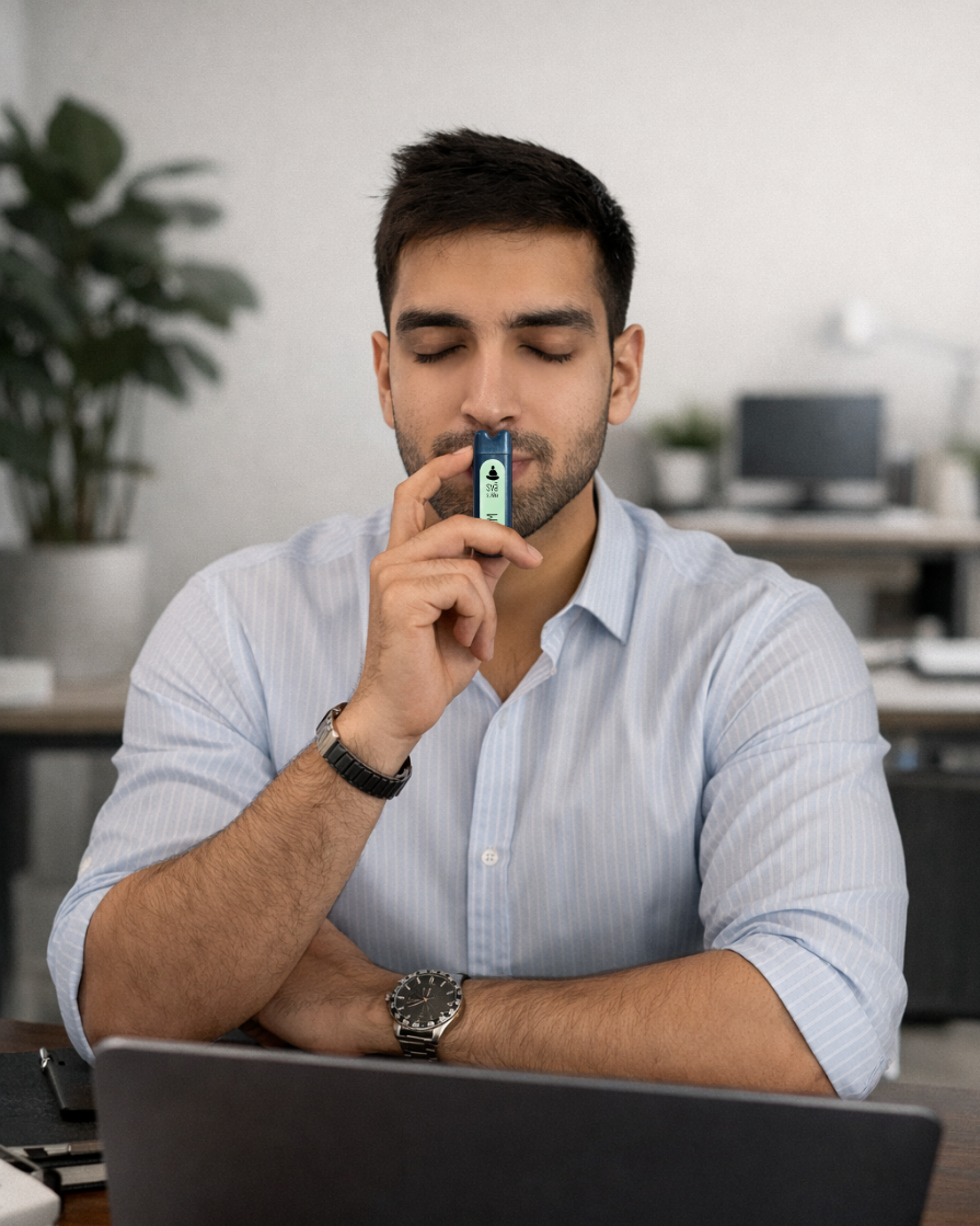 Man using a Svaroma aromatherapy inhaler at his desk with eyes closed, taking a mindful moment for focus and mental clarity during the workday