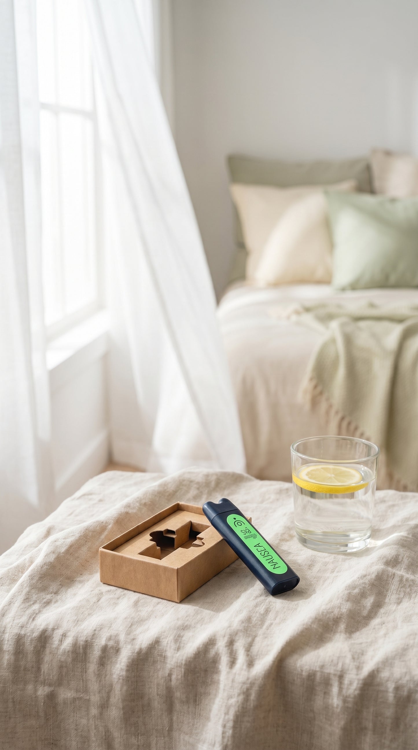 Bedroom scene with a glass of water and lemon, a box, and a Svaroma Nausea (sva aarogya) aromatherapy inhaler to help with feelings of nausea