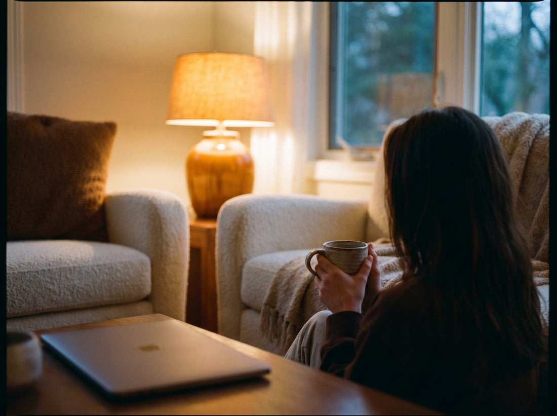 Warm evening living room -- winding down after work with a hot drink and no screens