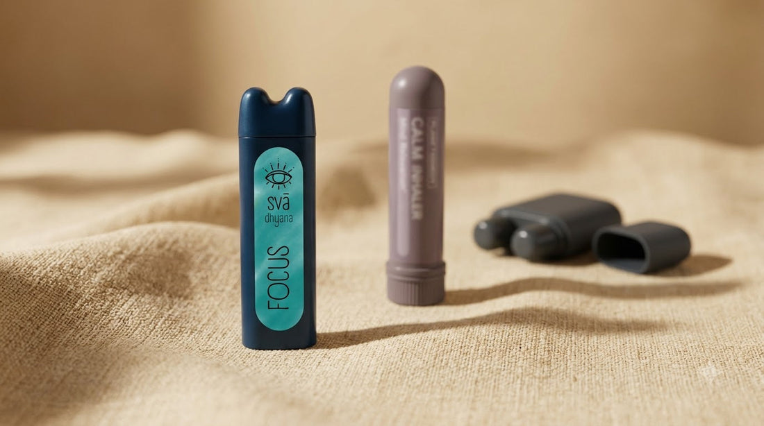 Multiple aromatherapy inhalers on a linen surface, natural light, comparison editorial