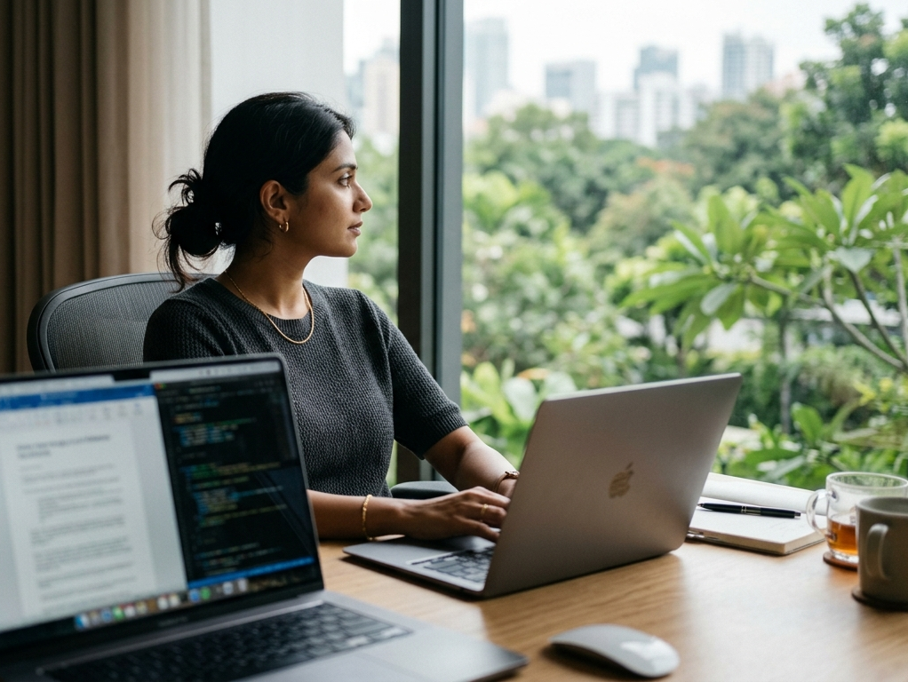 Person looking out of a window during a workday microbreak, natural light and minimal desk setting representing stress relief and mental reset at work.