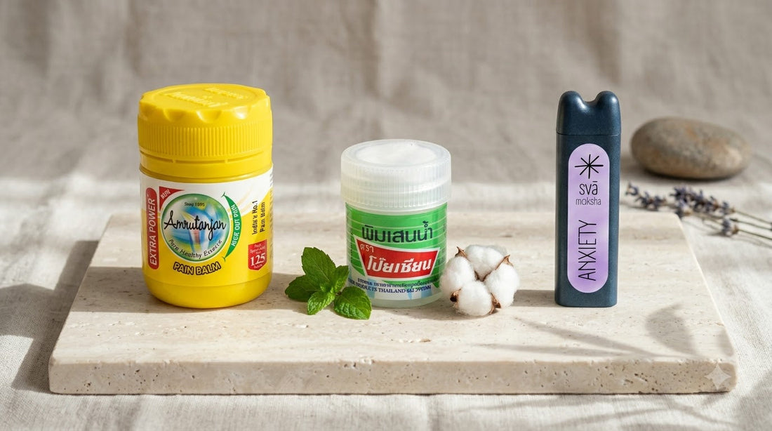 traditional nasal inhalers (amrutanjan, poy-sian) side by side on slate, comparing traditional menthol inhalers with a Svaroma aromatherapy inhaler