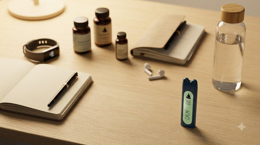 Cluttered desk with wellness gadgets and supplements, single aromatherapy inhaler resting quietly to the side