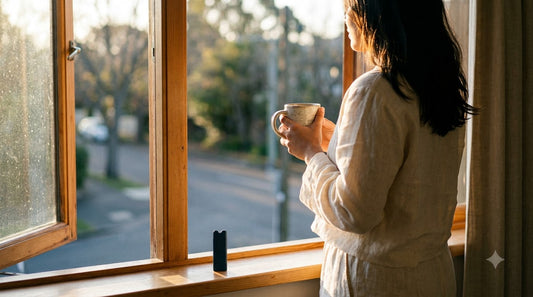 Person at window with morning tea -- a calm, directed start to the day before checking the phone