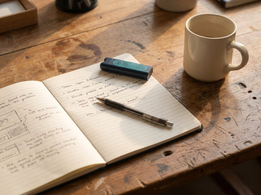 A working desk with notebook and a Svaroma aromatherapy inhaler - a founder's focus ritual