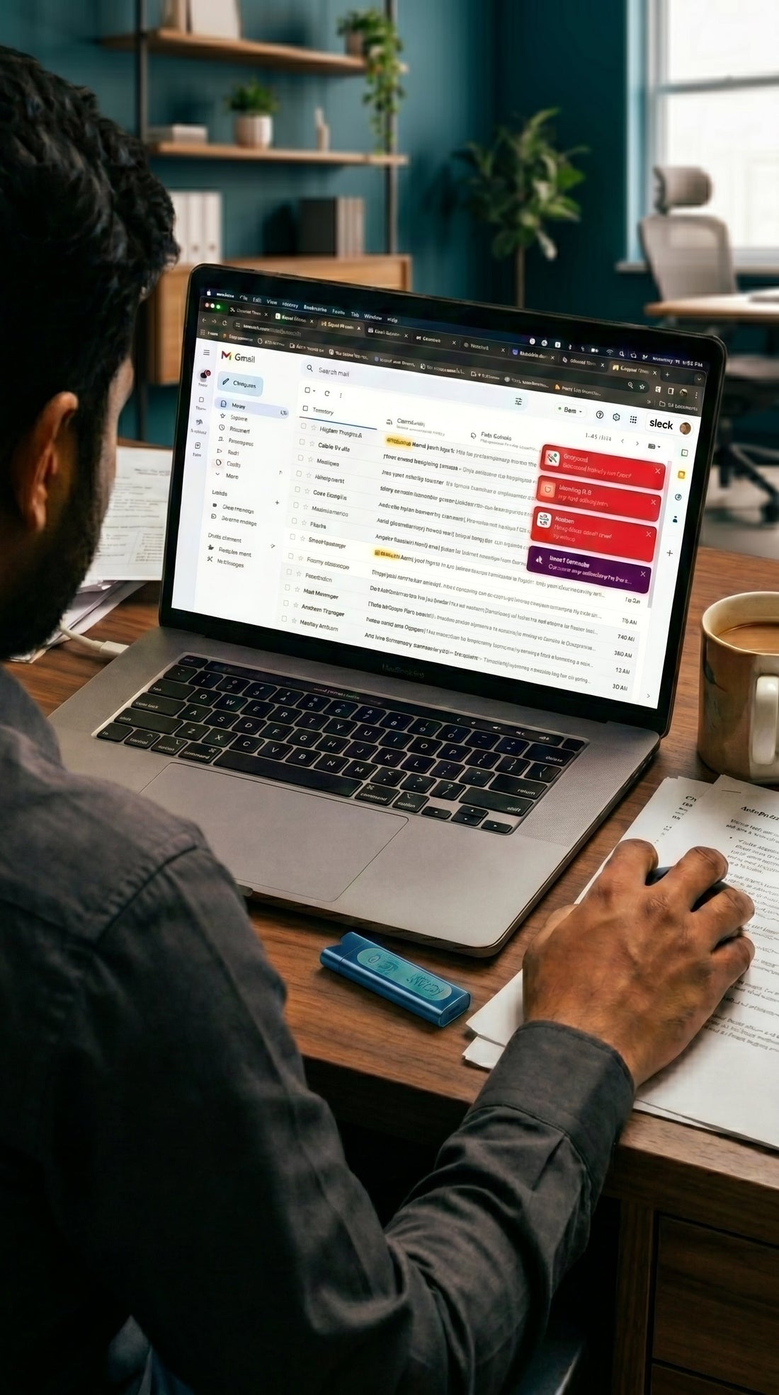 A man sitting working at his desk and feeling overwhelmed by the large number of tabs on his laptop and trying to focus, by using the svaroma focus inhaler