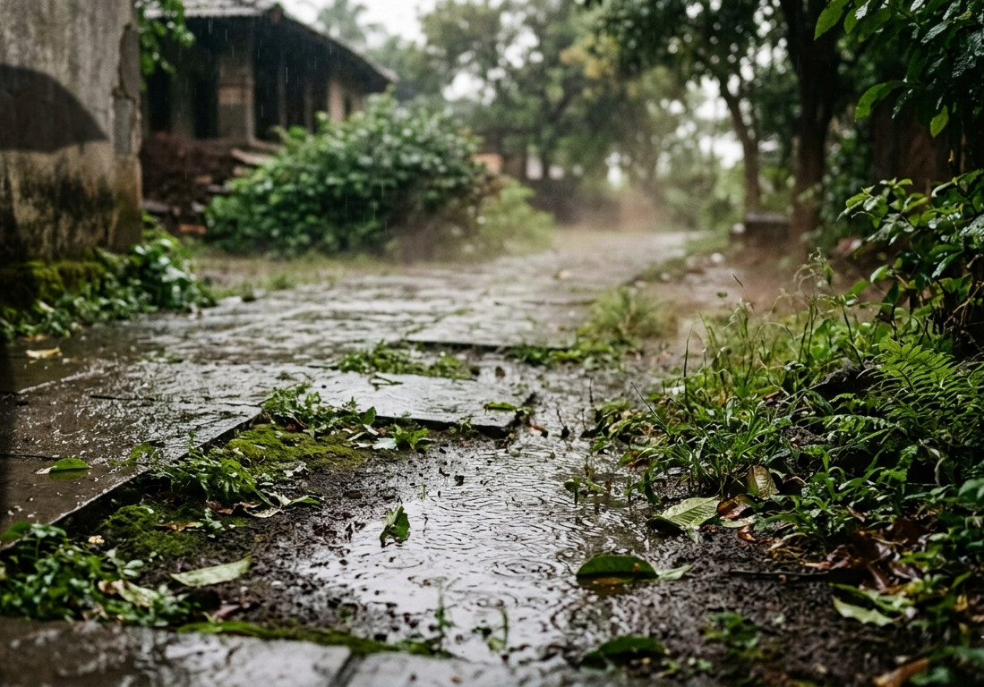 Monsoon rain falling on concrete and soil with greenery, releasing petrichor and creating a calm, grounding atmosphere.