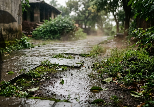 Monsoon rain falling on concrete and soil with greenery, releasing petrichor and creating a calm, grounding atmosphere.