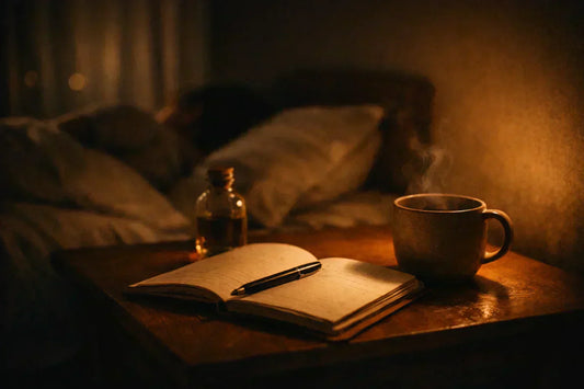Warm, dimly lit bedside table with an open notebook, steaming cup of tea, and small glass bottle, with a person resting in bed in the background, creating a calm pre-sleep atmosphere.