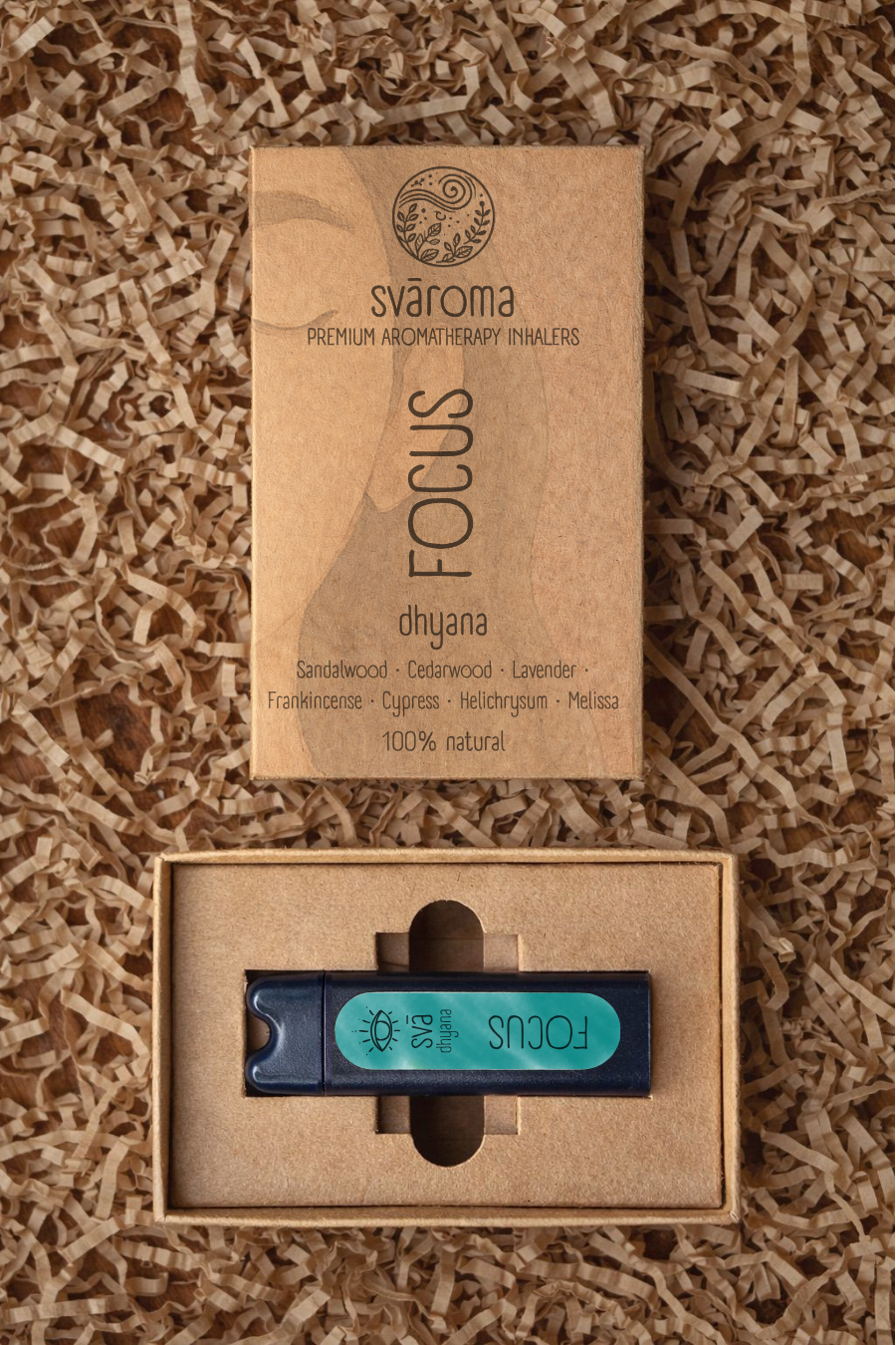 Svaroma Focus aromatherapy inhaler in eco-friendly brown box packaging with inhaler device inside, designed to enhance concentration. Blend includes Sandalwood, Cedarwood, Lavender, Frankincense, Cypress, Helichrysum, and Melissa.
