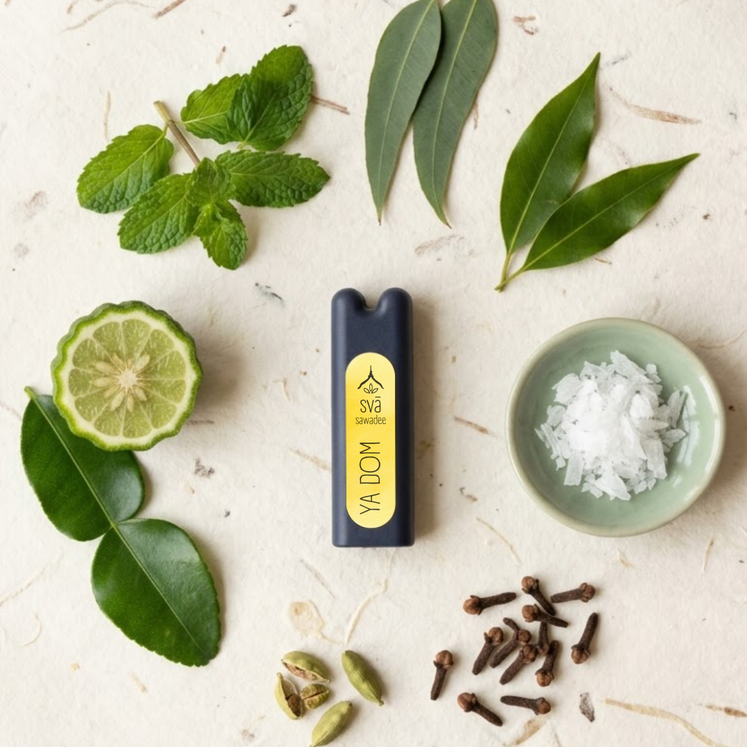 svā sawadee (Ya Dom) Thai inhaler with its botanicals: menthol, white camphor, borneol, eucalyptus, peppermint, kaffir lime, clove bud and cardamom