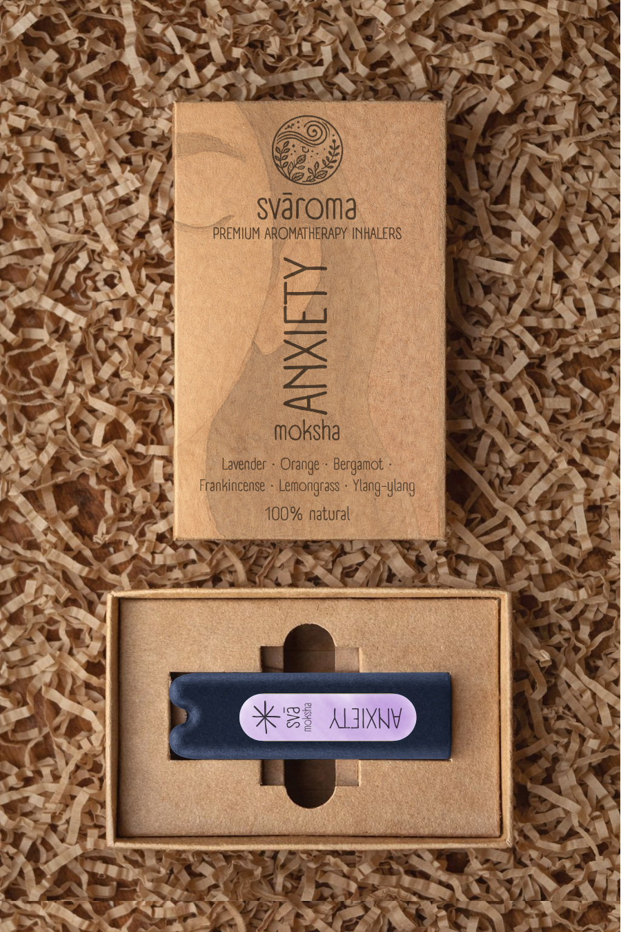 svā moksha (Anxiety) aromatherapy inhaler with its svāroma box packaging, a blend of lavender, orange, frankincense, bergamot, ylang-ylang and lemongrass