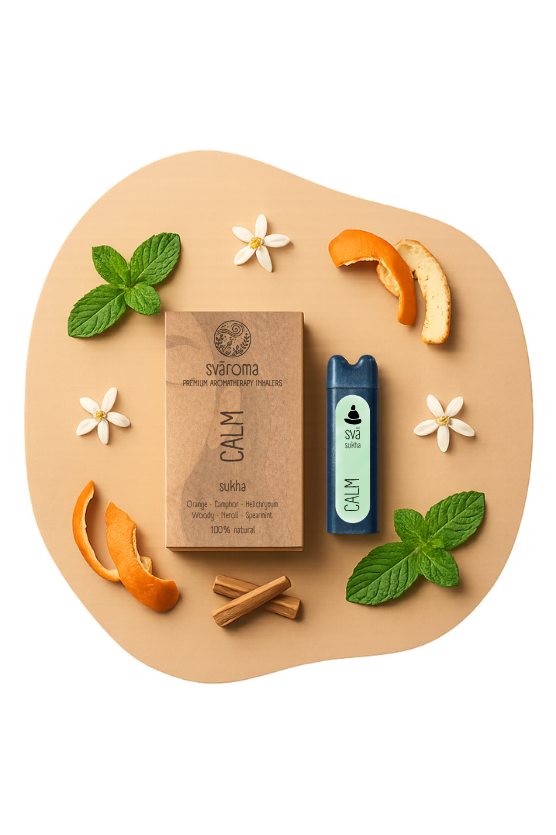 svāroma Calm aromatherapy inhaler with orange, camphor, helichrysuim, neroli, and spearmint ingredients for stress relief and relaxation