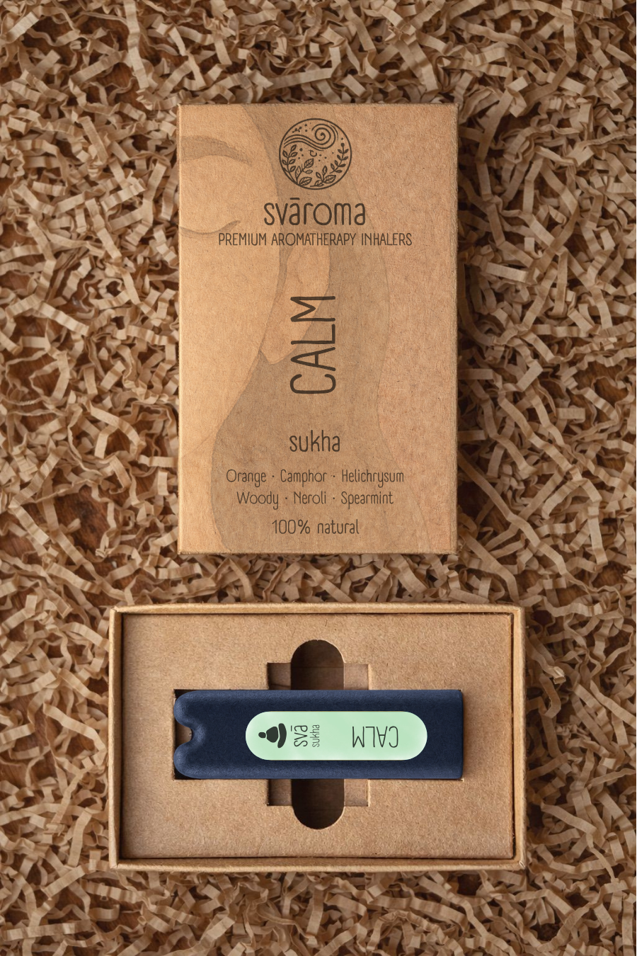 svā sukha (Calm) aromatherapy inhaler with its svāroma box packaging, a blend of camphor, orange, helichrysum woody, neroli and spearmint