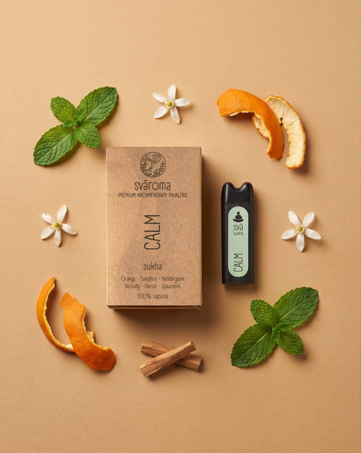 svāroma Calm aromatherapy inhaler with orange, camphor, helichrysuim, neroli, and spearmint ingredients for stress relief and relaxation