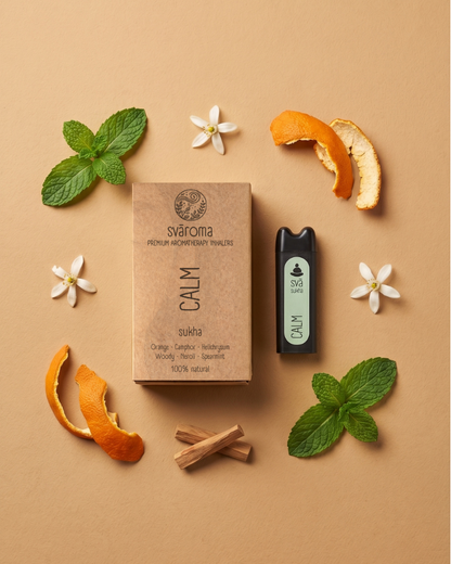 svāroma Calm aromatherapy inhaler with orange, camphor, helichrysuim, neroli, and spearmint ingredients for stress relief and relaxation