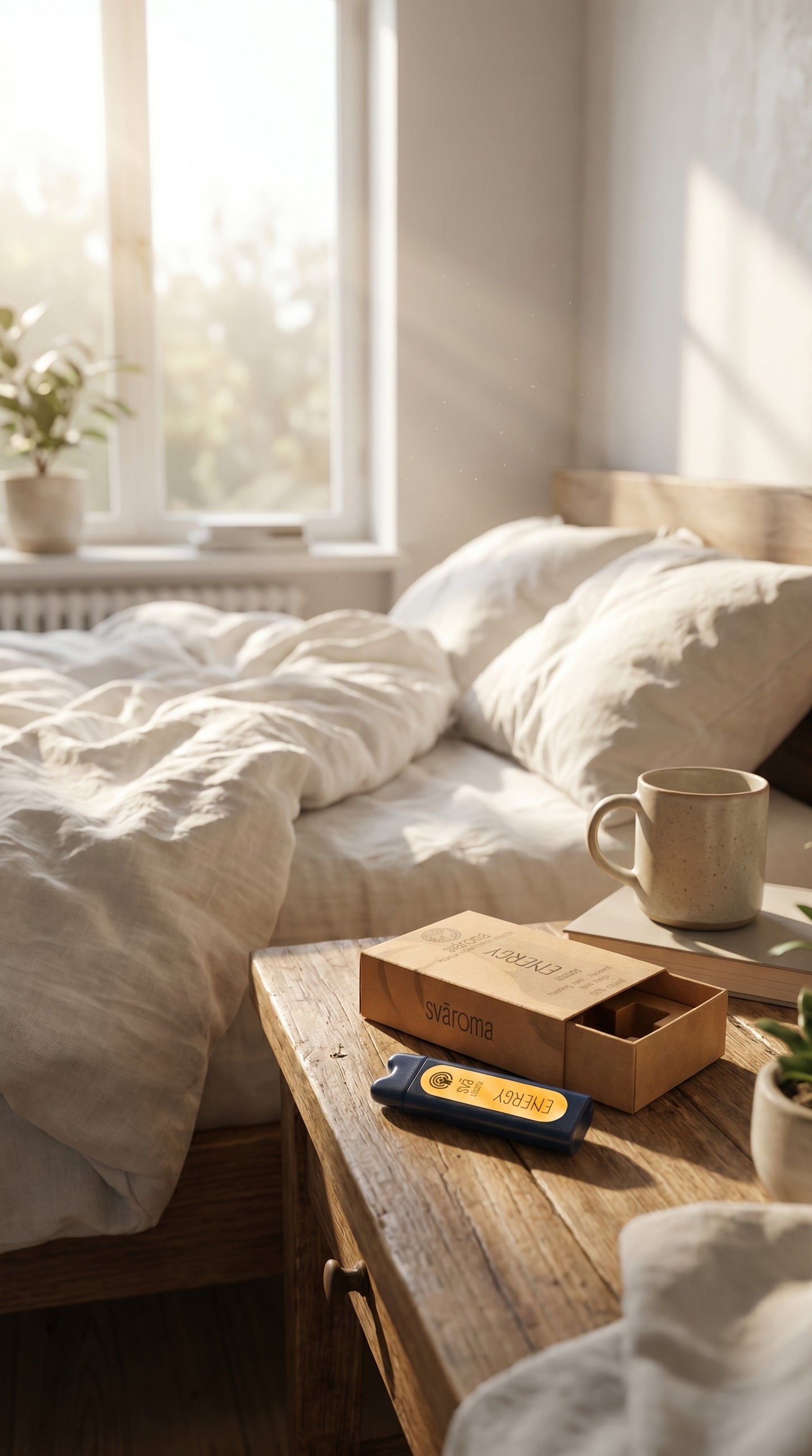 Cozy bedroom with a wooden nightstand, mug, and a svaroma Energy (sva utsaha) aromatherapy inhaler to boost energy after waking up