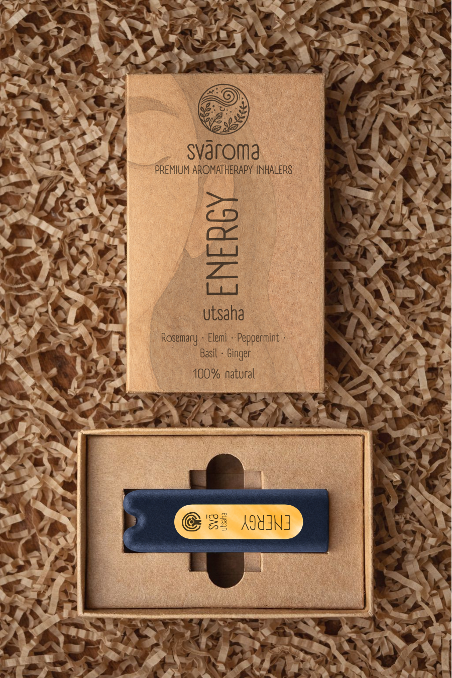 svā utsaha (Energy) aromatherapy inhaler with its svāroma box packaging, a blend of rosemary, elemi, peppermint, basil and ginger