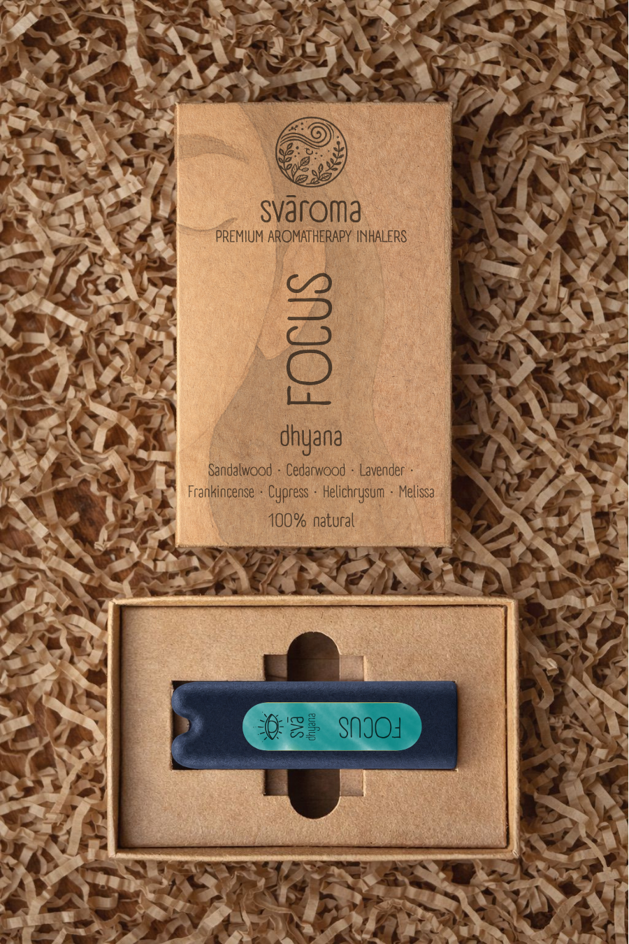 svā dhyana (Focus) aromatherapy inhaler with its svāroma box packaging, a blend of sandalwood, cedarwood, lavender, frankincense, cypress, helichrysum and melissa