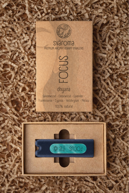 svā dhyana (Focus) aromatherapy inhaler with its svāroma box packaging, a blend of sandalwood, cedarwood, lavender, frankincense, cypress, helichrysum and melissa