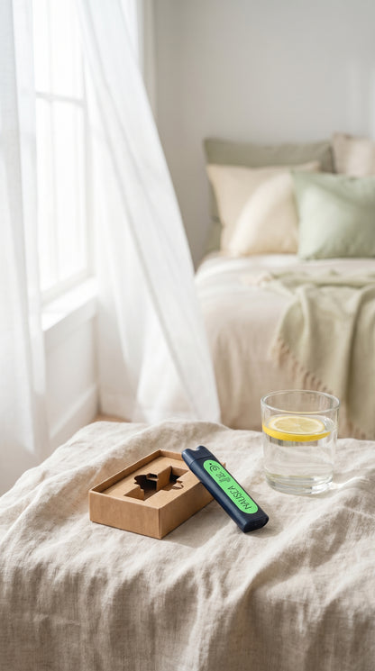 Bedroom scene with a glass of water and lemon, a box, and a Svaroma Nausea (sva aarogya) aromatherapy inhaler to help with feelings of nausea