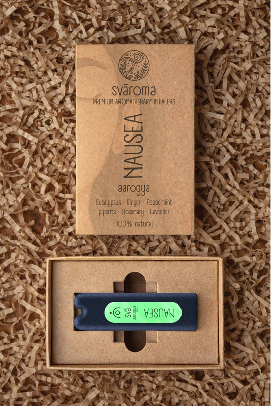 svā aarogya (Nausea) aromatherapy inhaler with its svāroma box packaging, a blend of eucalyptus, peppermint, rosemary, lavender and ginger