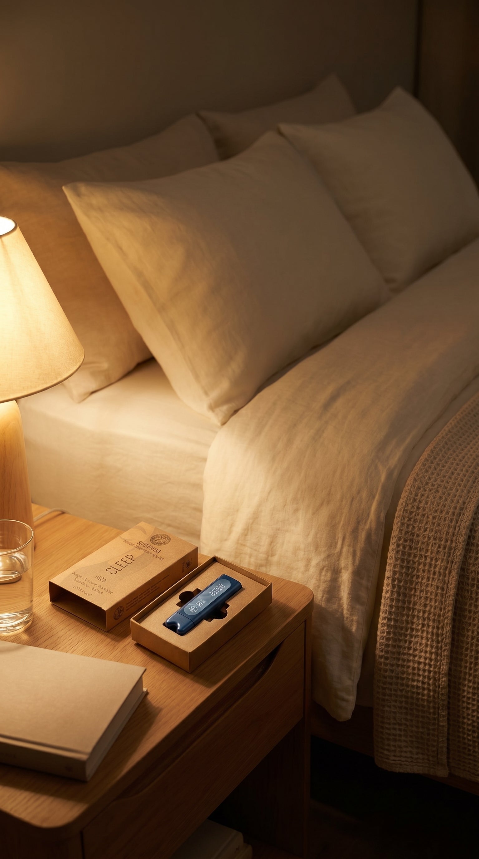 Bedroom scene with a nightstand next to a bed, featuring a lamp and a Svaroma Sleep (sva nidra) inhaler lying in its kraft paper packaging to help wind down before sleep