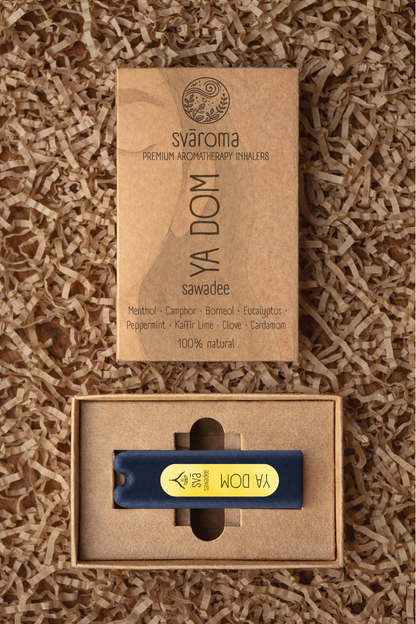 svā sawadee (Ya Dom) Thai inhaler with its svāroma box packaging, a blend of menthol, white camphor, borneol, eucalyptus, peppermint, kaffir lime, clove bud and cardamom