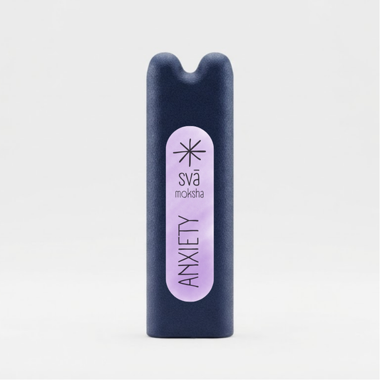 svā moksha (Anxiety) essential oil inhaler by svāroma on a white background, a pocket-sized inhaler for grounding moments