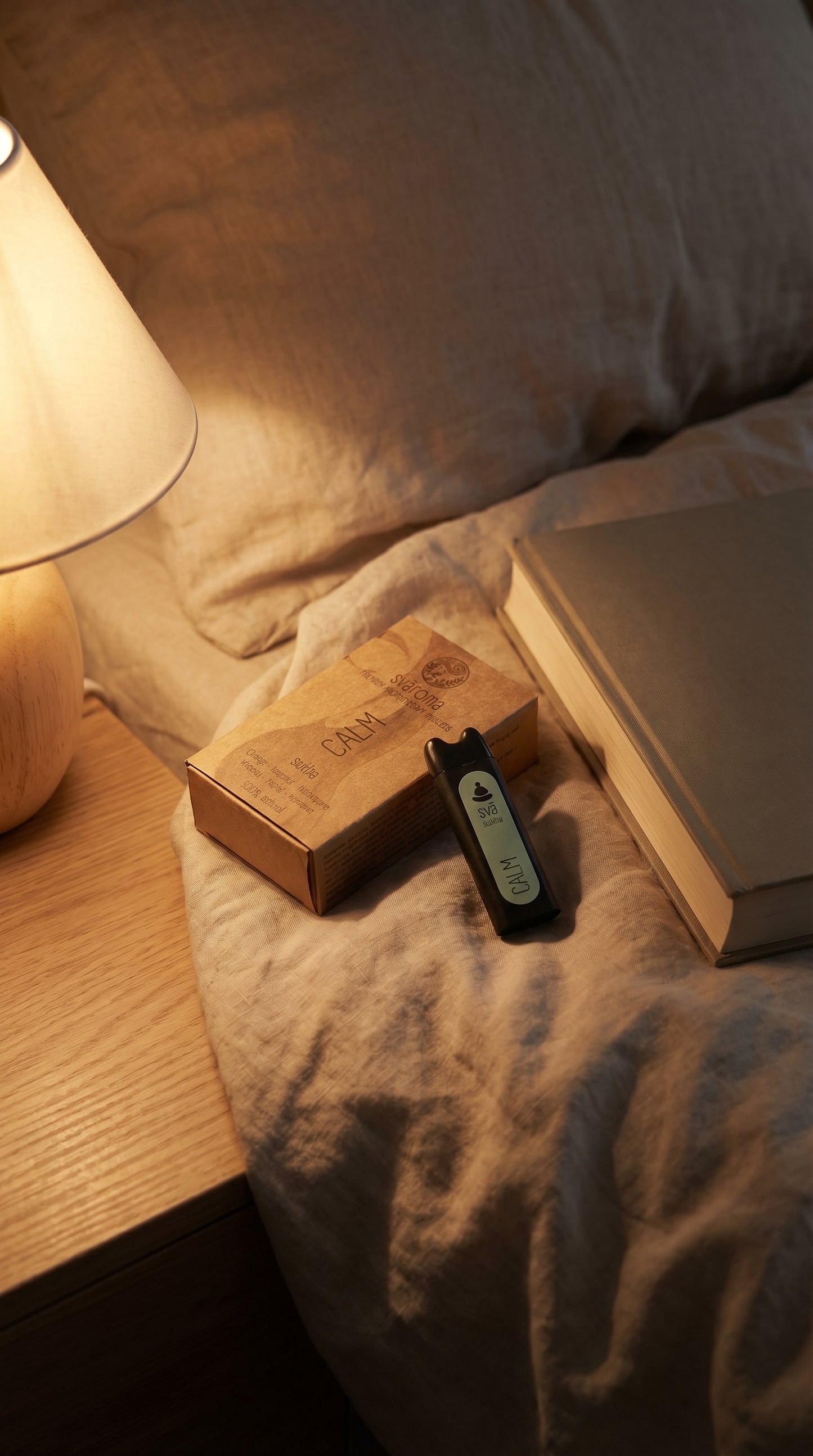 svāroma calm essential oil inhaler on bedside table for calming down and relaxation 