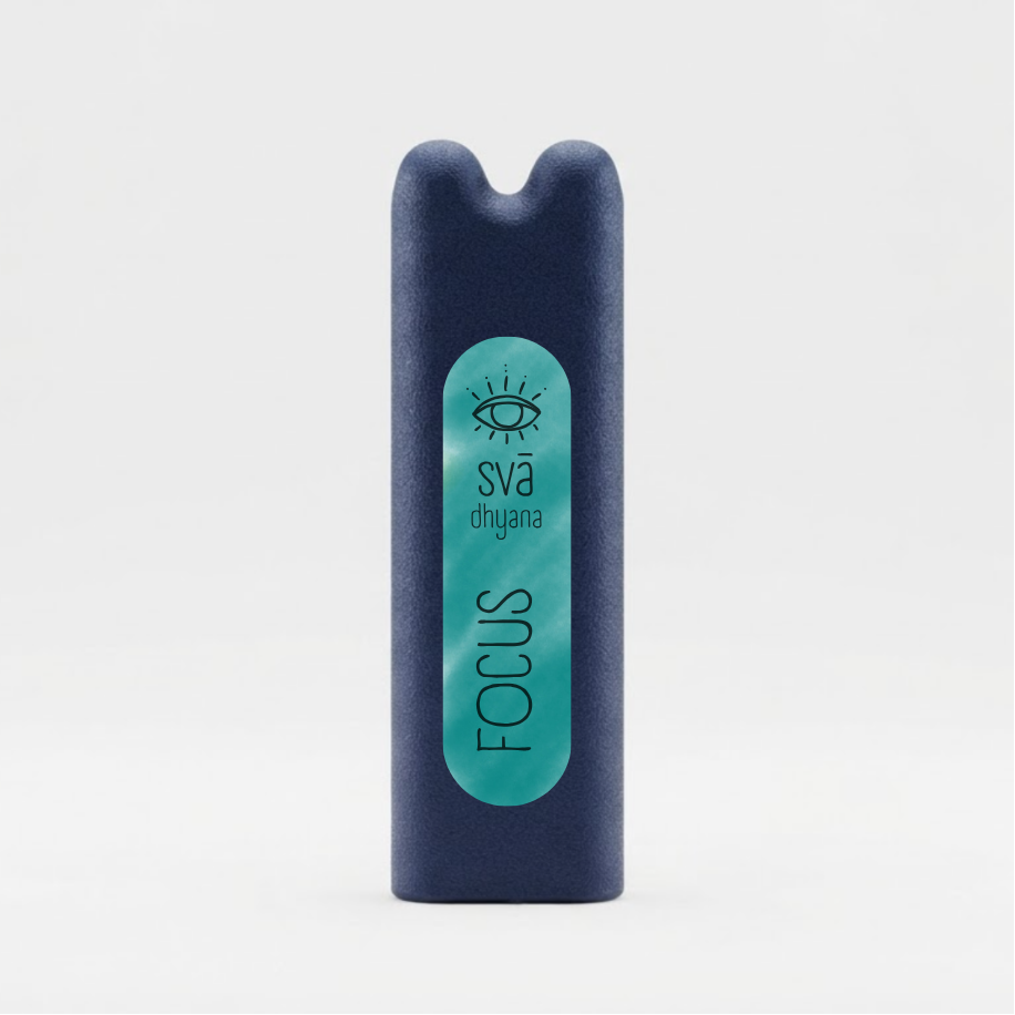 svā dhyana (Focus) essential oil inhaler by svāroma on a white background, a pocket-sized inhaler for focused work
