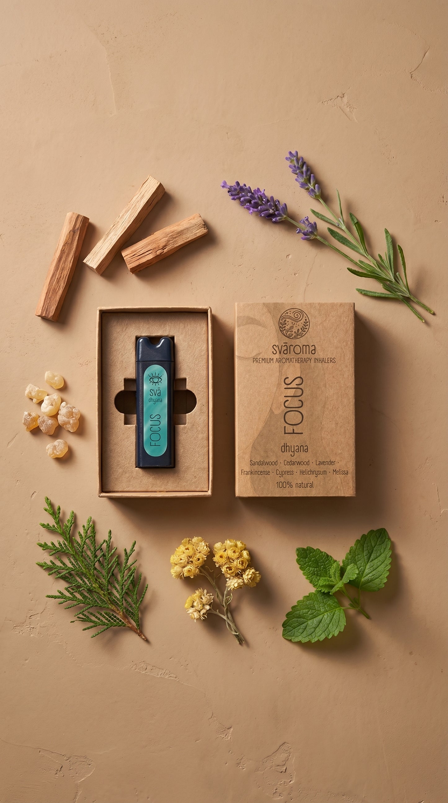 svāroma Focus essential oil inhaler with packaging and natural botanical ingredients (sandalwood, cadarwood, lavender, frankincense, cypress, helichrysum, melissa) for concentration and mental clarity