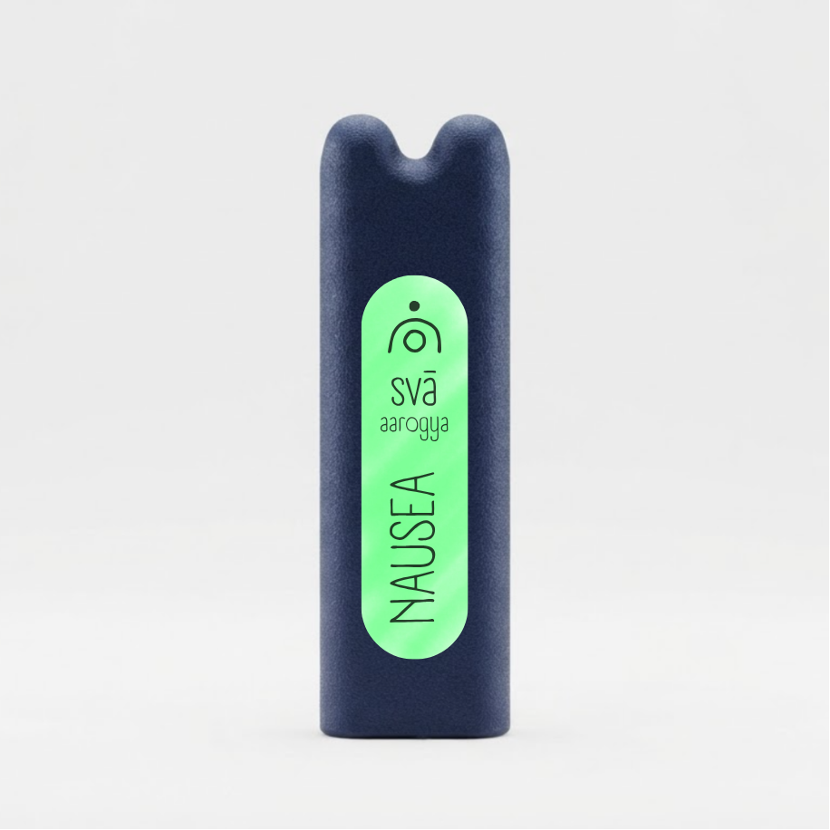 svā aarogya (Nausea) essential oil inhaler by svāroma on a white background, a pocket-sized inhaler for travel and unsettled moments