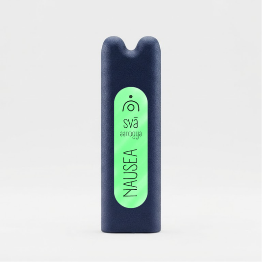 svā aarogya (Nausea) essential oil inhaler by svāroma on a white background, a pocket-sized inhaler for travel and unsettled moments